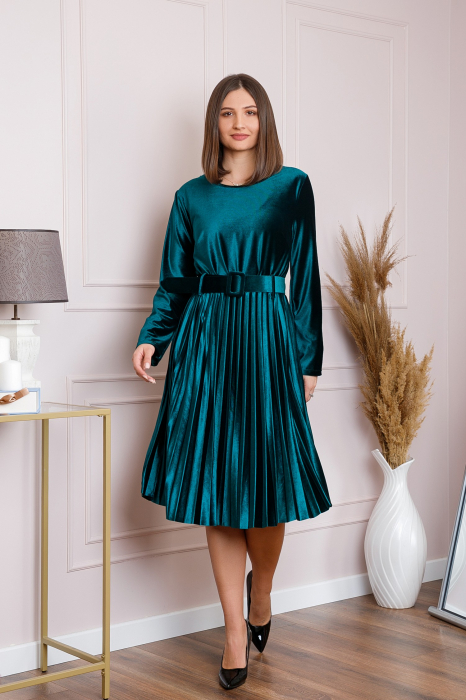 Rochie Selena eleganta din catifea verde cu centura in talie [4]