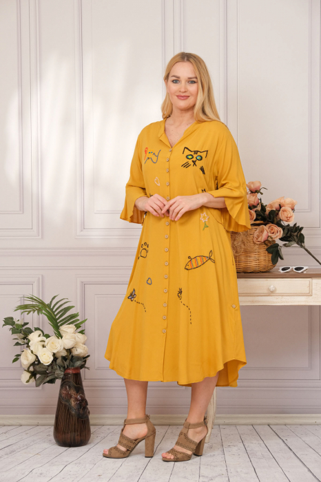 Rochie tip camasa galbena boho chic cu aplicatie pisica [2]