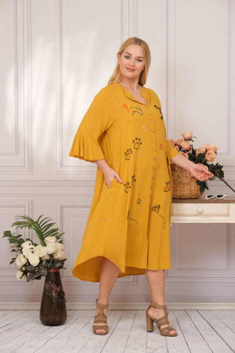 Rochie tip camasa galbena boho chic cu aplicatie pisica [3]
