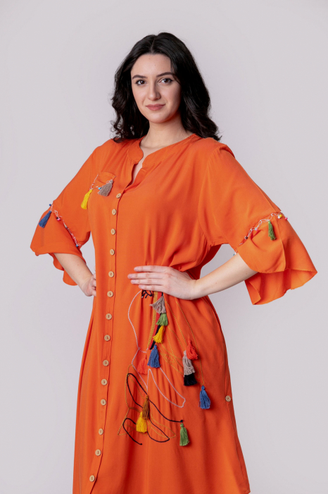 Rochie tip camasa orange boho chic cu buzunare laterale [8]