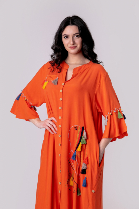 Rochie tip camasa orange boho chic cu buzunare laterale [6]