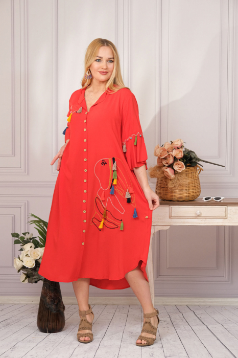 Rochie tip camasa rosie boho chic cu buzunare laterale [2]