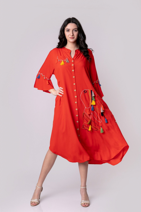Rochie tip camasa rosie boho chic cu buzunare laterale [5]