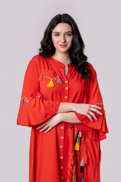 Rochie tip camasa rosie boho chic cu buzunare laterale [6]