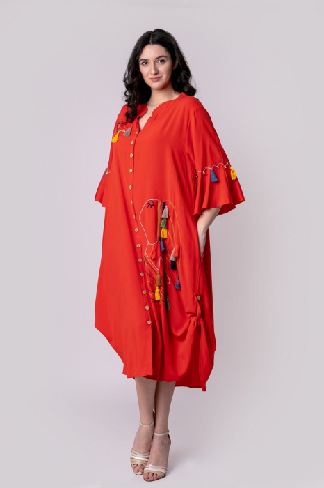 Rochie tip camasa rosie boho chic cu buzunare laterale [7]