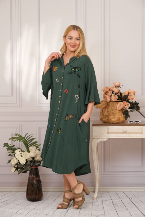 Rochie tip camasa verde boho chic cu aplicatie pisica [4]