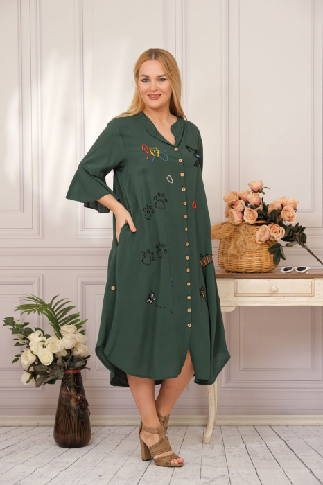 Rochie tip camasa verde boho chic cu aplicatie pisica [2]