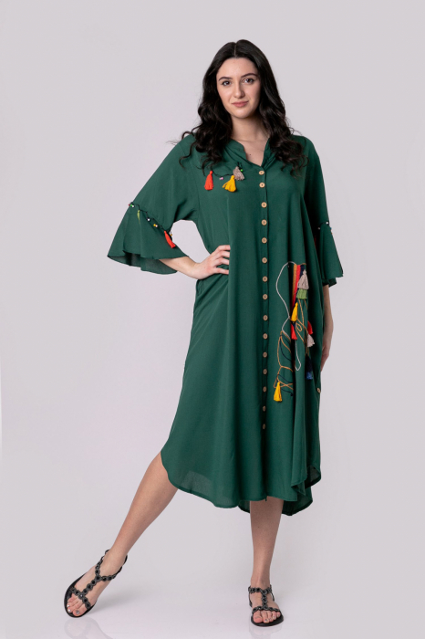 Rochie tip camasa verde boho chic cu buzunare laterale [5]