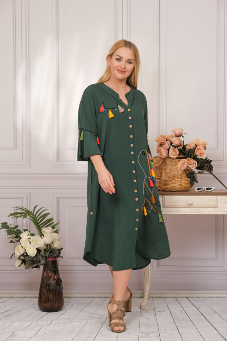 Rochie tip camasa verde boho chic cu buzunare laterale [3]