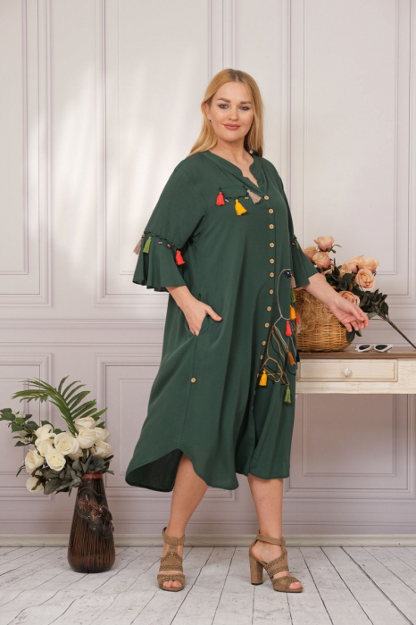 Rochie tip camasa verde boho chic cu buzunare laterale [2]