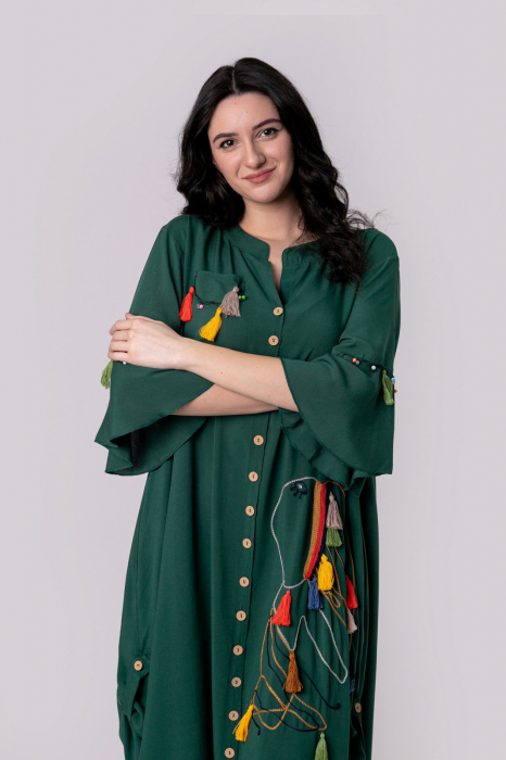 Rochie tip camasa verde boho chic cu buzunare laterale [6]