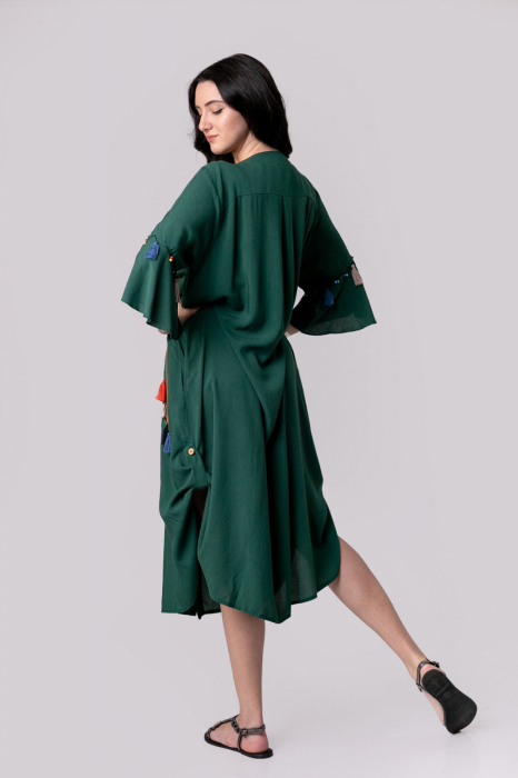 Rochie tip camasa verde boho chic cu buzunare laterale [8]