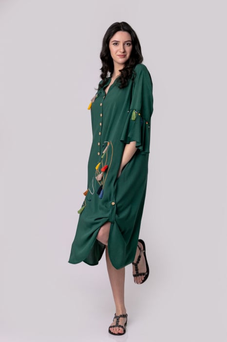 Rochie tip camasa verde boho chic cu buzunare laterale [7]