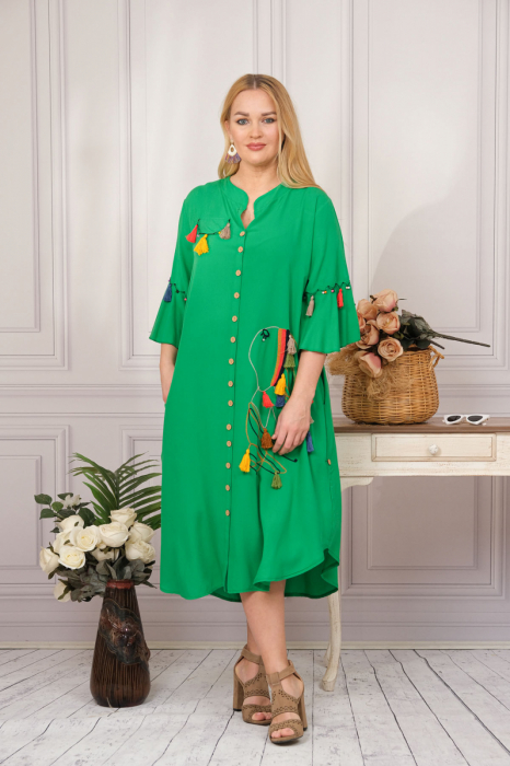 Rochie tip camasa verde smarald boho chic cu buzunare laterale [3]