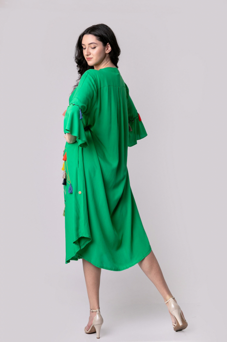 Rochie tip camasa verde smarald boho chic cu buzunare laterale [8]