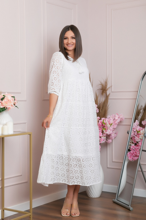 Rochie traditionala alba cu model perforat Bianca 02 [3]