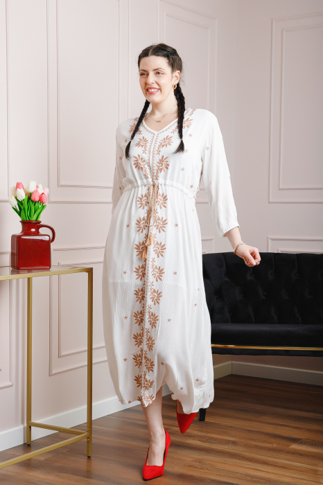 Rochie traditionala alba cu motiv floral crem Anabela 02 [4]