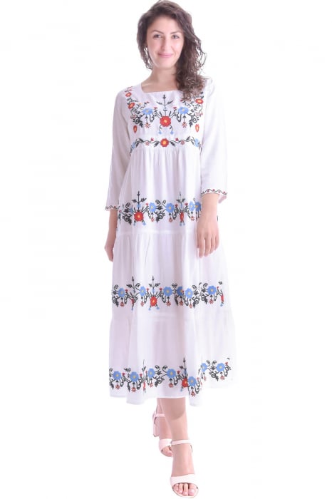 Rochie traditionala alba cu motiv floral multicolor Liana [1]