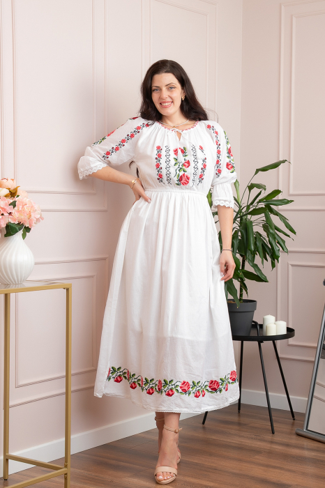 Rochie traditionala alba cu motiv floral rosu Mirabela [3]