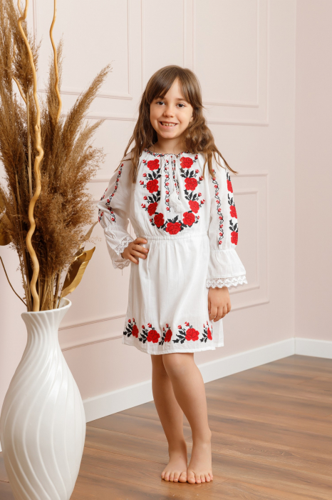 Rochie traditionala alba pentru fetite cu motiv floral rosu Anabela [4]