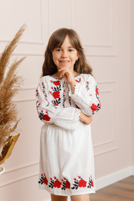 Rochie traditionala alba pentru fetite cu motiv floral rosu Anabela [3]