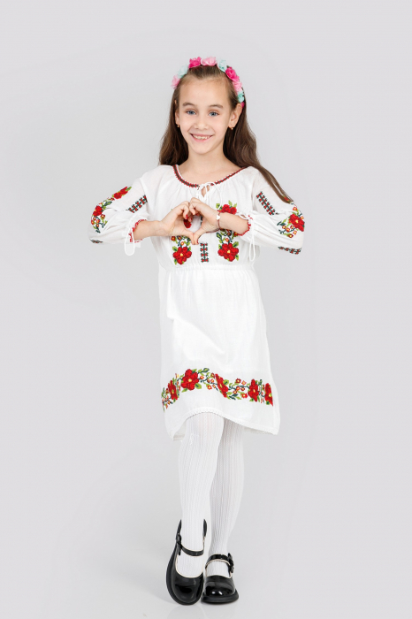 Rochie traditionala alba pentru fetite cu motiv floral rosu Antonia [6]
