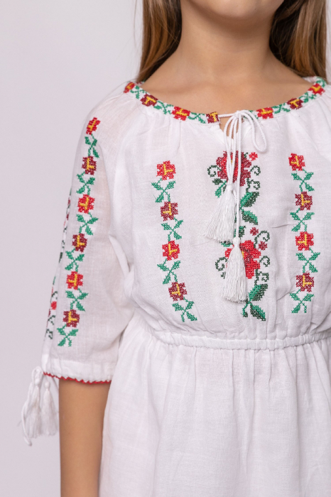 Rochie traditionala alba pentru fetite cu motiv floral rosu Ariana [3]