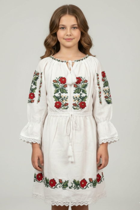 Rochie traditionala alba pentru fetite cu motiv floral rosu Elena [2]