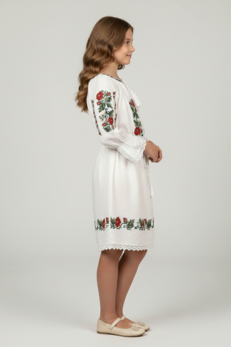Rochie traditionala alba pentru fetite cu motiv floral rosu Elena [3]