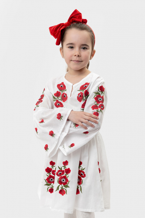 Rochie traditionala alba pentru fetite cu motiv floral rosu Iulia [4]
