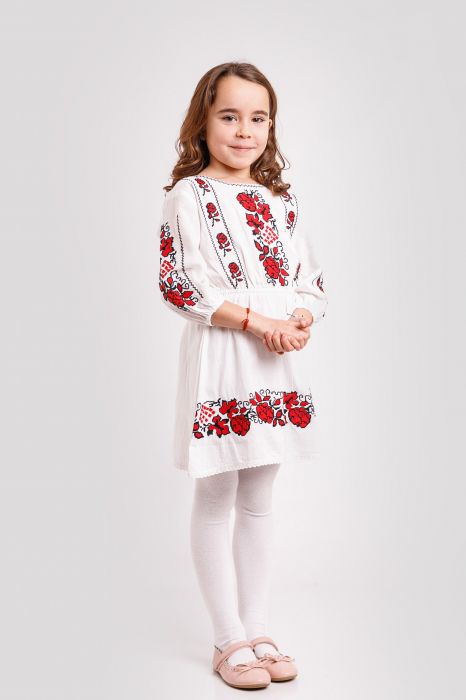 Rochie traditionala alba pentru fetite cu motiv floral rosu Mateea [4]
