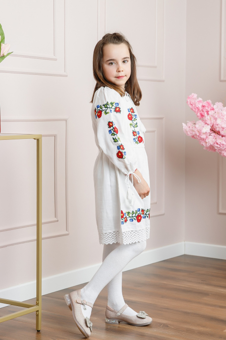 Rochie traditionala alba pentru fetite cu motiv floral rosu Sara [3]