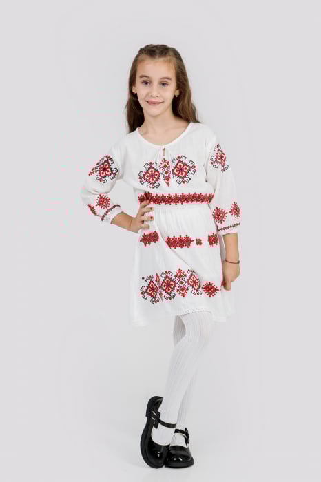 Rochie traditionala alba pentru fetite cu motiv geometric rosu Doris 02 [3]
