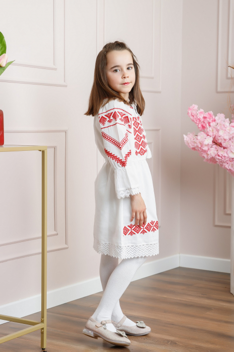 Rochie traditionala alba pentru fetite cu motiv geometric rosu Erica [3]
