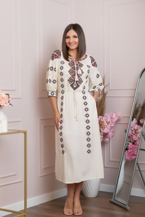 Rochie traditionala crem cu model geometric multicolor Viorela 02 [3]