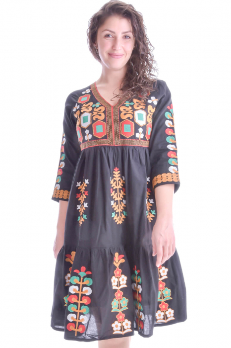 Rochie traditionala evazata neagra cu motiv geometric si floral multicolor Irina [1]