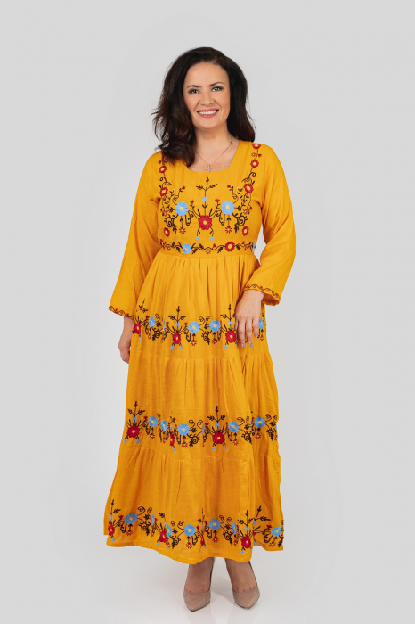 Rochie traditionala galbena cu motiv floral multicolor Liana 02 [4]