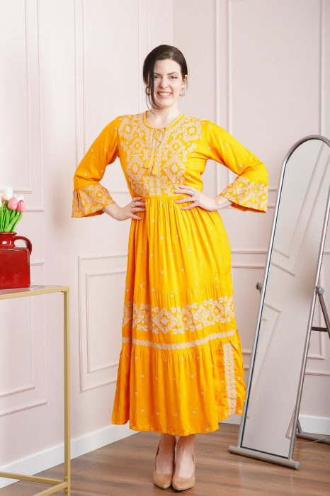Rochie traditionala galbena cu motiv geometric crem Virginia 03 [3]