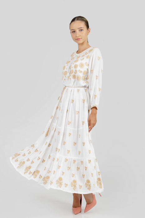 Rochie traditionala maxi alba cu motiv floral auriu Ilona 03 [4]