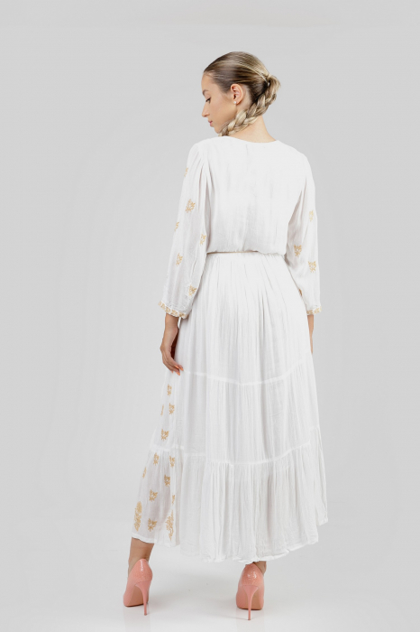Rochie traditionala maxi alba cu motiv floral auriu Ilona 03 [3]