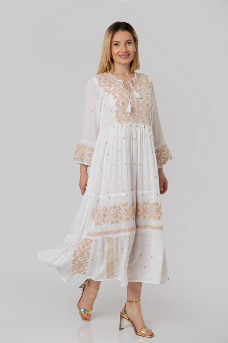 Rochie traditionala alba cu motiv geometric crem Virginia 01 [4]
