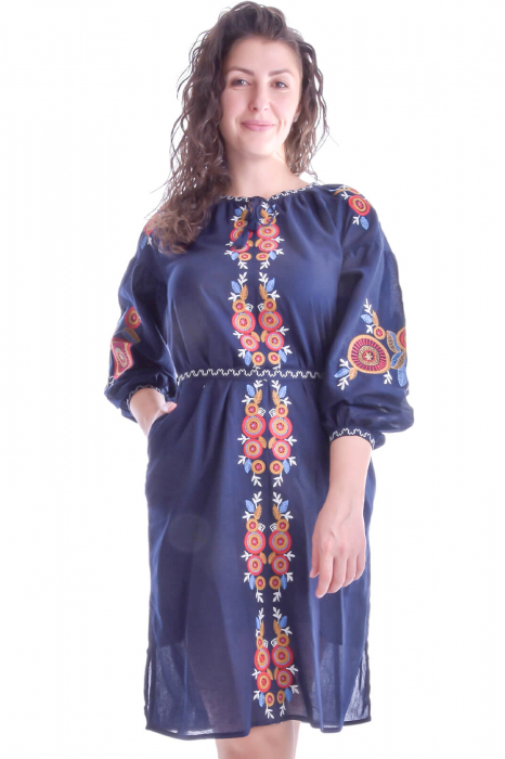 Rochie traditionala midi albastra cu motiv geometric multicolor Eliza [1]