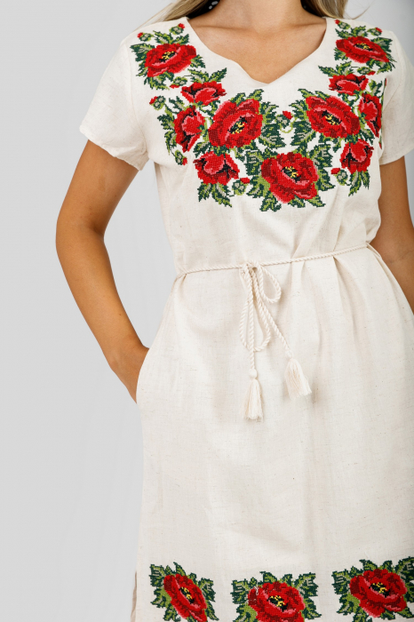 Rochie traditionala midi crem cu motiv floral rosu Larisa 01 [2]
