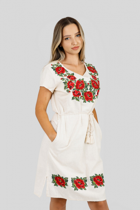 Rochie traditionala midi crem cu motiv floral rosu Larisa 01 [3]