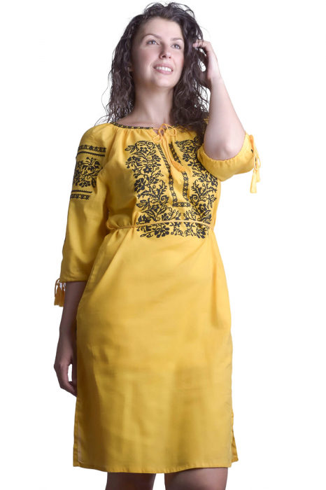 Rochie traditionala midi galbena cu motiv floral negru Emilia [4]