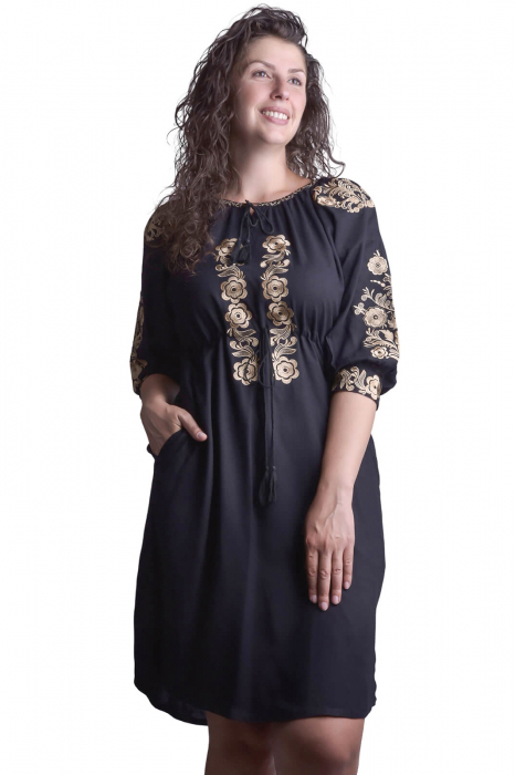 Rochie traditionala midi neagra cu motiv floral auriu Madalina [4]