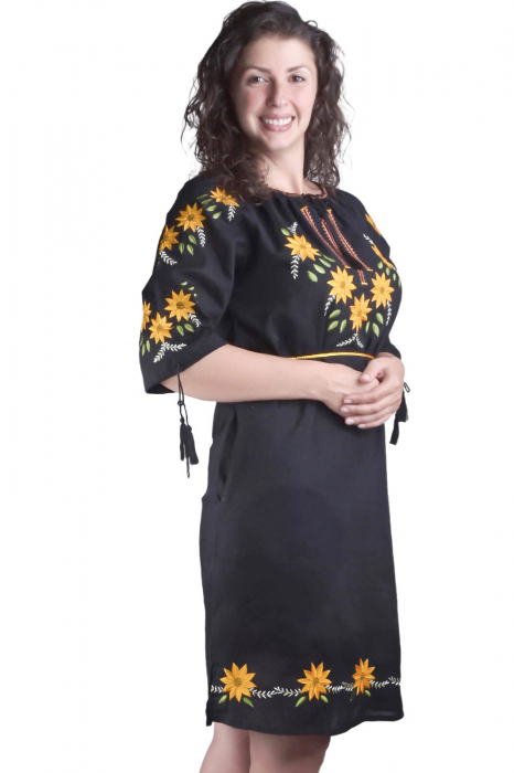 Rochie traditionala midi neagra cu motiv floral galben Smaranda [2]