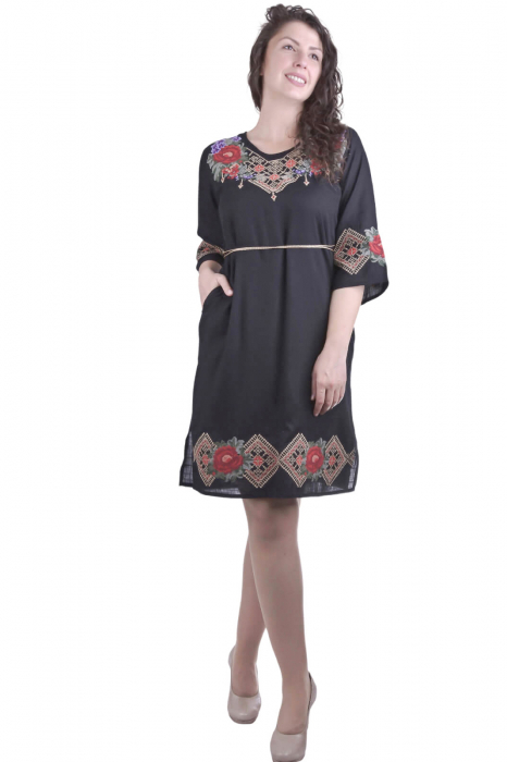 Rochie traditionala midi neagra cu motiv floral rosu Otilia [4]