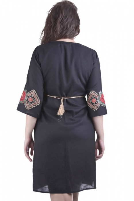 Rochie traditionala midi neagra cu motiv floral rosu Otilia [3]