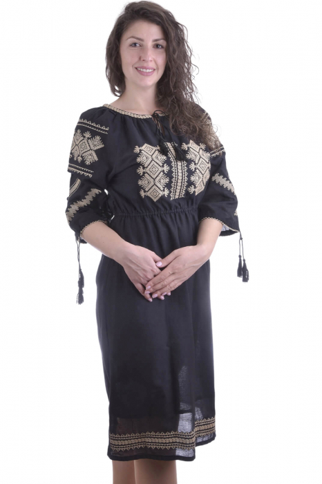 Rochie traditionala midi neagra cu motiv geometric crem Teodora [2]